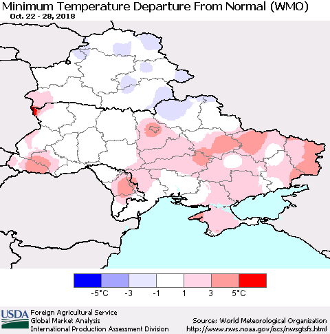 Ukraine, Moldova and Belarus Minimum Temperature Departure From Normal (WMO) Thematic Map For 10/22/2018 - 10/28/2018