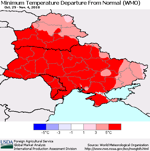 Ukraine, Moldova and Belarus Mean Minimum Temperature Departure from Normal (WMO) Thematic Map For 10/29/2018 - 11/4/2018