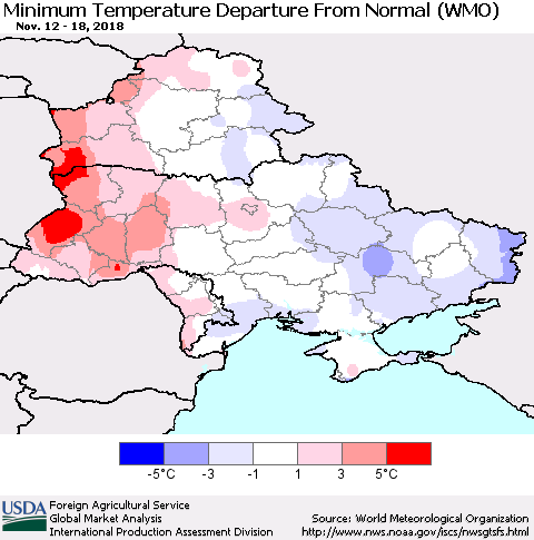 Ukraine, Moldova and Belarus Minimum Temperature Departure From Normal (WMO) Thematic Map For 11/12/2018 - 11/18/2018