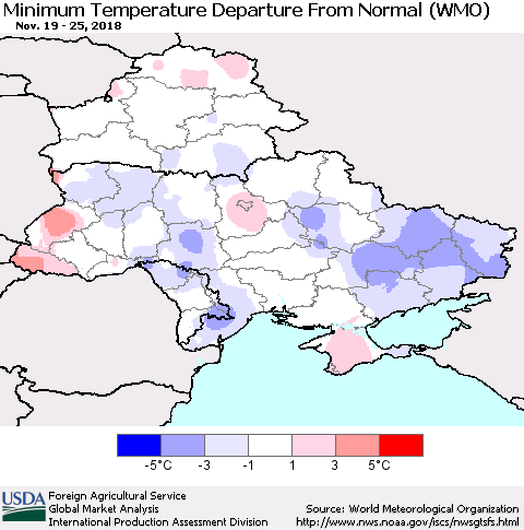 Ukraine, Moldova and Belarus Minimum Temperature Departure From Normal (WMO) Thematic Map For 11/19/2018 - 11/25/2018