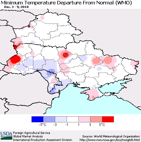 Ukraine, Moldova and Belarus Minimum Temperature Departure From Normal (WMO) Thematic Map For 12/3/2018 - 12/9/2018