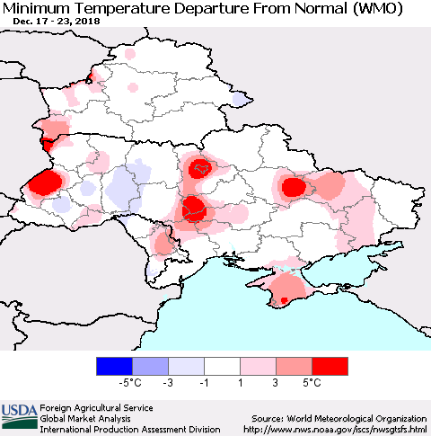 Ukraine, Moldova and Belarus Minimum Temperature Departure From Normal (WMO) Thematic Map For 12/17/2018 - 12/23/2018