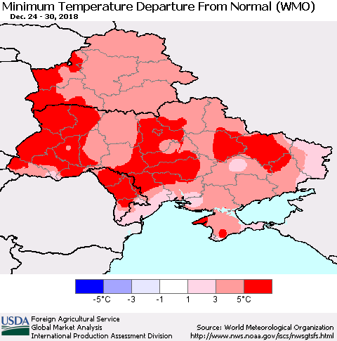 Ukraine, Moldova and Belarus Minimum Temperature Departure From Normal (WMO) Thematic Map For 12/24/2018 - 12/30/2018