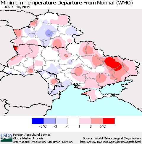 Ukraine, Moldova and Belarus Minimum Temperature Departure From Normal (WMO) Thematic Map For 1/7/2019 - 1/13/2019