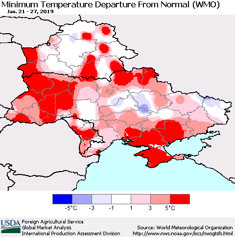 Ukraine, Moldova and Belarus Minimum Temperature Departure From Normal (WMO) Thematic Map For 1/21/2019 - 1/27/2019