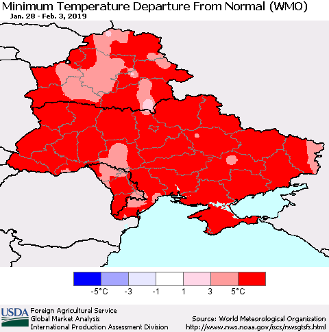 Ukraine, Moldova and Belarus Minimum Temperature Departure From Normal (WMO) Thematic Map For 1/28/2019 - 2/3/2019