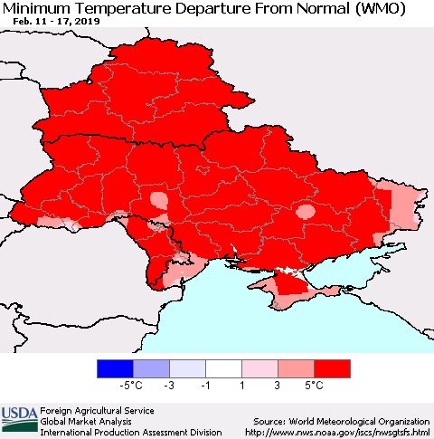 Ukraine, Moldova and Belarus Mean Minimum Temperature Departure from Normal (WMO) Thematic Map For 2/11/2019 - 2/17/2019