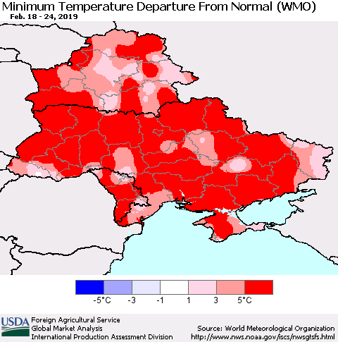 Ukraine, Moldova and Belarus Minimum Temperature Departure From Normal (WMO) Thematic Map For 2/18/2019 - 2/24/2019