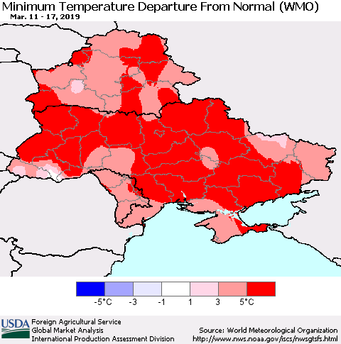 Ukraine, Moldova and Belarus Mean Minimum Temperature Departure from Normal (WMO) Thematic Map For 3/11/2019 - 3/17/2019