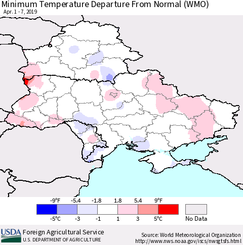 Ukraine, Moldova and Belarus Mean Minimum Temperature Departure from Normal (WMO) Thematic Map For 4/1/2019 - 4/7/2019