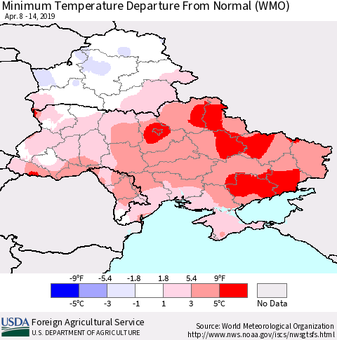 Ukraine, Moldova and Belarus Minimum Temperature Departure From Normal (WMO) Thematic Map For 4/8/2019 - 4/14/2019