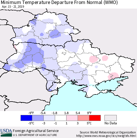 Ukraine, Moldova and Belarus Minimum Temperature Departure From Normal (WMO) Thematic Map For 4/15/2019 - 4/21/2019