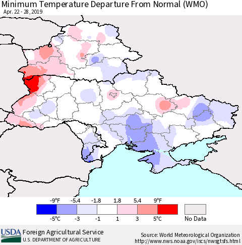 Ukraine, Moldova and Belarus Mean Minimum Temperature Departure from Normal (WMO) Thematic Map For 4/22/2019 - 4/28/2019