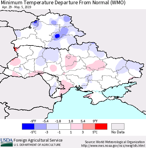 Ukraine, Moldova and Belarus Minimum Temperature Departure From Normal (WMO) Thematic Map For 4/29/2019 - 5/5/2019