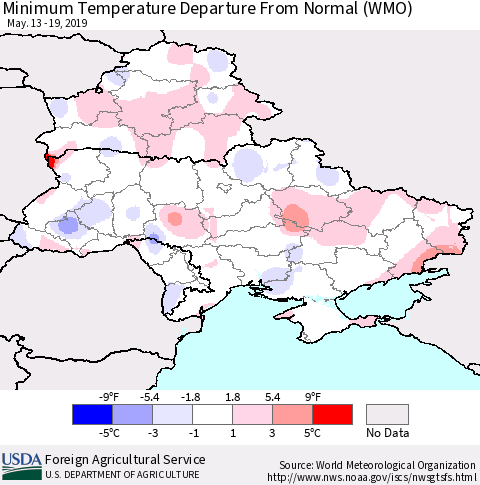 Ukraine, Moldova and Belarus Minimum Temperature Departure From Normal (WMO) Thematic Map For 5/13/2019 - 5/19/2019