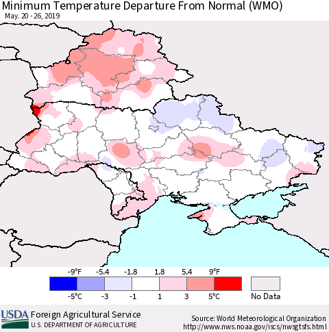 Ukraine, Moldova and Belarus Minimum Temperature Departure From Normal (WMO) Thematic Map For 5/20/2019 - 5/26/2019