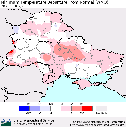 Ukraine, Moldova and Belarus Minimum Temperature Departure From Normal (WMO) Thematic Map For 5/27/2019 - 6/2/2019