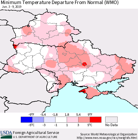 Ukraine, Moldova and Belarus Minimum Temperature Departure From Normal (WMO) Thematic Map For 6/3/2019 - 6/9/2019