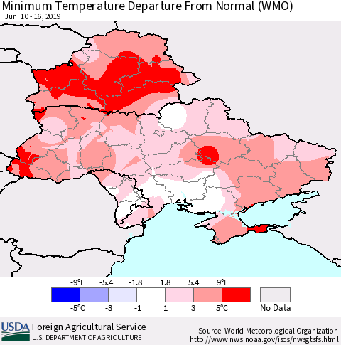 Ukraine, Moldova and Belarus Minimum Temperature Departure From Normal (WMO) Thematic Map For 6/10/2019 - 6/16/2019