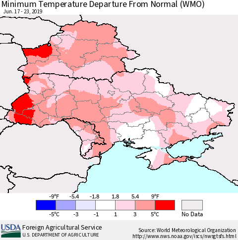 Ukraine, Moldova and Belarus Minimum Temperature Departure From Normal (WMO) Thematic Map For 6/17/2019 - 6/23/2019