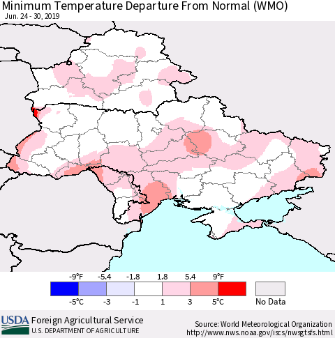 Ukraine, Moldova and Belarus Mean Minimum Temperature Departure from Normal (WMO) Thematic Map For 6/24/2019 - 6/30/2019