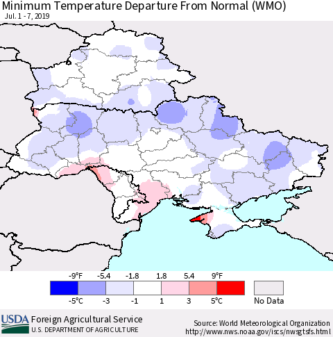 Ukraine, Moldova and Belarus Mean Minimum Temperature Departure from Normal (WMO) Thematic Map For 7/1/2019 - 7/7/2019