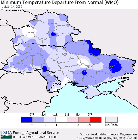 Ukraine, Moldova and Belarus Mean Minimum Temperature Departure from Normal (WMO) Thematic Map For 7/8/2019 - 7/14/2019