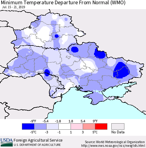 Ukraine, Moldova and Belarus Minimum Temperature Departure From Normal (WMO) Thematic Map For 7/15/2019 - 7/21/2019