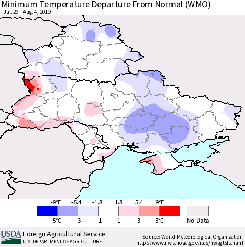 Ukraine, Moldova and Belarus Mean Minimum Temperature Departure from Normal (WMO) Thematic Map For 7/29/2019 - 8/4/2019