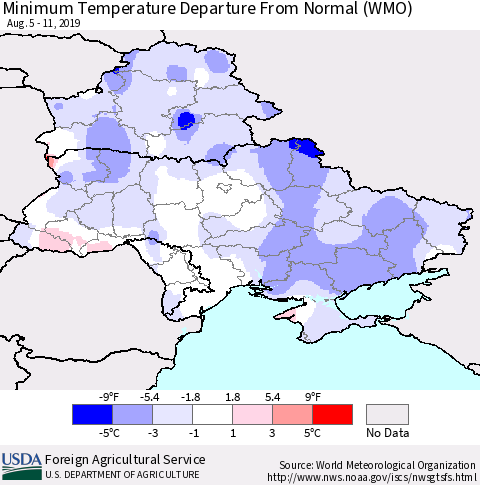 Ukraine, Moldova and Belarus Minimum Temperature Departure From Normal (WMO) Thematic Map For 8/5/2019 - 8/11/2019