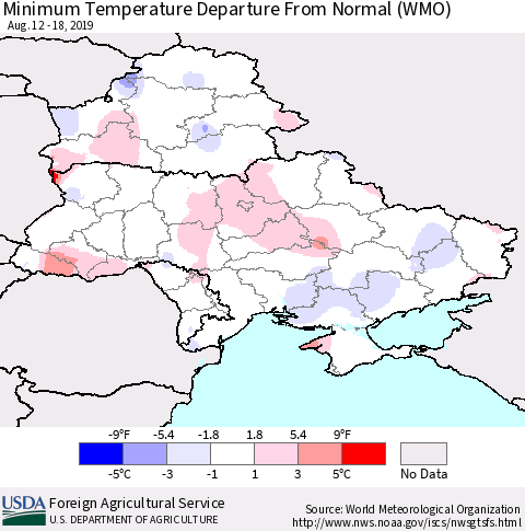 Ukraine, Moldova and Belarus Minimum Temperature Departure From Normal (WMO) Thematic Map For 8/12/2019 - 8/18/2019