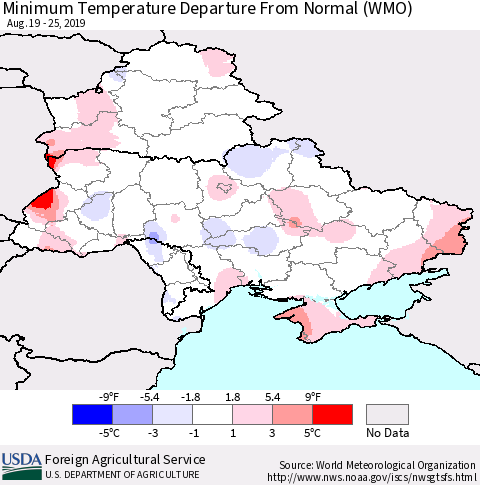 Ukraine, Moldova and Belarus Minimum Temperature Departure From Normal (WMO) Thematic Map For 8/19/2019 - 8/25/2019