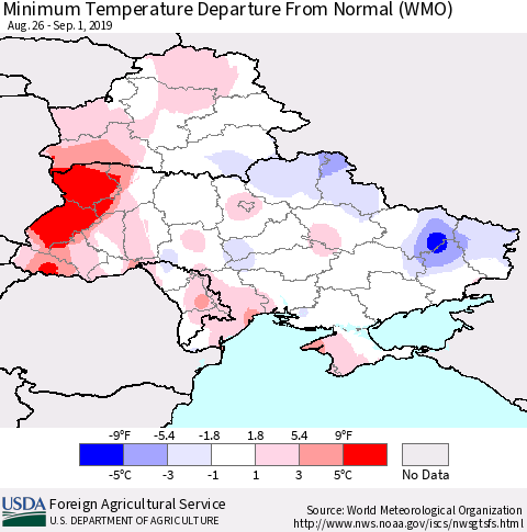 Ukraine, Moldova and Belarus Minimum Temperature Departure From Normal (WMO) Thematic Map For 8/26/2019 - 9/1/2019