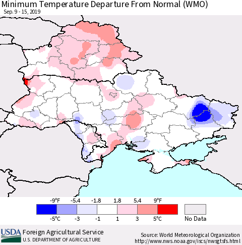Ukraine, Moldova and Belarus Mean Minimum Temperature Departure from Normal (WMO) Thematic Map For 9/9/2019 - 9/15/2019