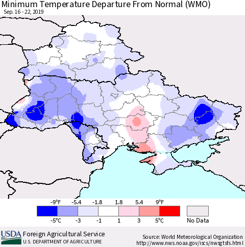 Ukraine, Moldova and Belarus Mean Minimum Temperature Departure from Normal (WMO) Thematic Map For 9/16/2019 - 9/22/2019