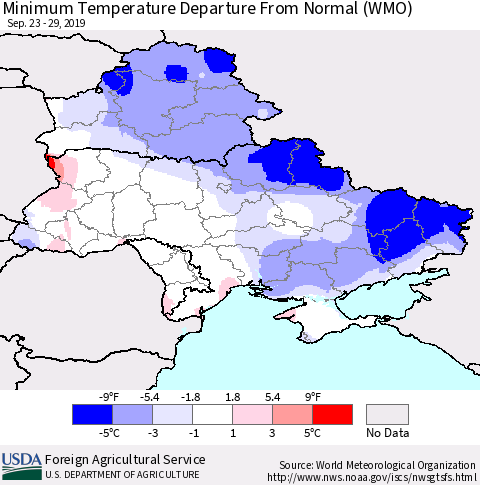 Ukraine, Moldova and Belarus Mean Minimum Temperature Departure from Normal (WMO) Thematic Map For 9/23/2019 - 9/29/2019