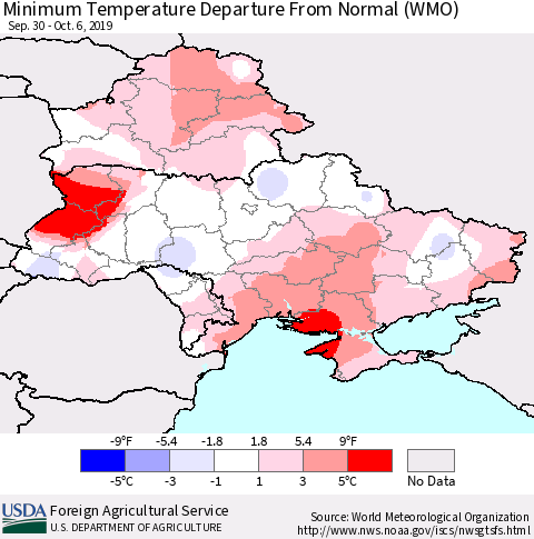 Ukraine, Moldova and Belarus Mean Minimum Temperature Departure from Normal (WMO) Thematic Map For 9/30/2019 - 10/6/2019