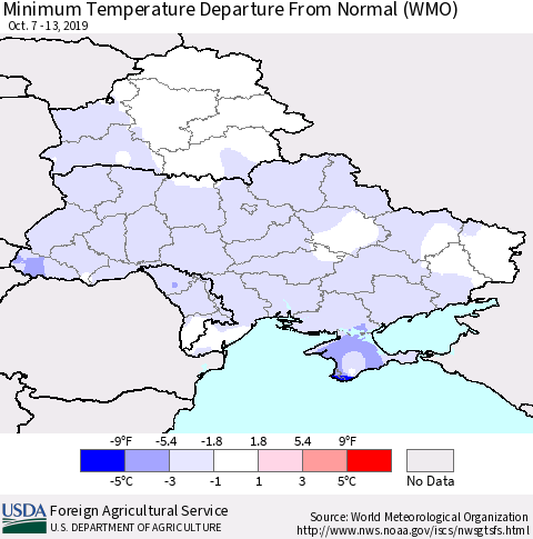 Ukraine, Moldova and Belarus Mean Minimum Temperature Departure from Normal (WMO) Thematic Map For 10/7/2019 - 10/13/2019