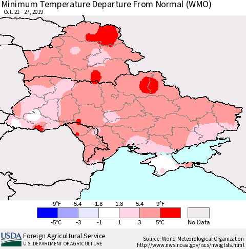 Ukraine, Moldova and Belarus Mean Minimum Temperature Departure from Normal (WMO) Thematic Map For 10/21/2019 - 10/27/2019