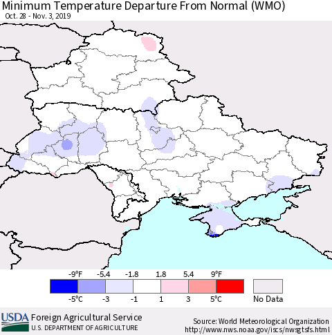 Ukraine, Moldova and Belarus Minimum Temperature Departure From Normal (WMO) Thematic Map For 10/28/2019 - 11/3/2019