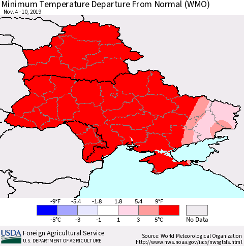 Ukraine, Moldova and Belarus Mean Minimum Temperature Departure from Normal (WMO) Thematic Map For 11/4/2019 - 11/10/2019