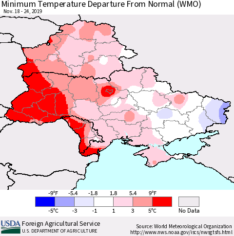 Ukraine, Moldova and Belarus Mean Minimum Temperature Departure from Normal (WMO) Thematic Map For 11/18/2019 - 11/24/2019