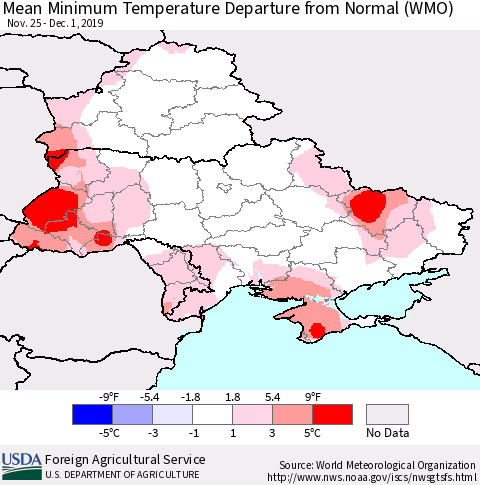 Ukraine, Moldova and Belarus Mean Minimum Temperature Departure from Normal (WMO) Thematic Map For 11/25/2019 - 12/1/2019