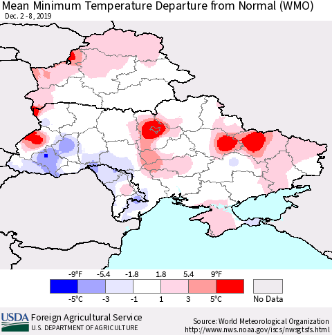 Ukraine, Moldova and Belarus Minimum Temperature Departure From Normal (WMO) Thematic Map For 12/2/2019 - 12/8/2019