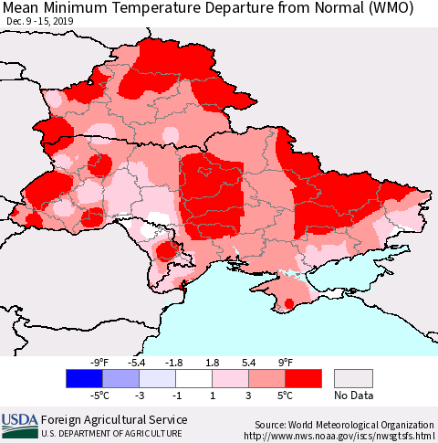 Ukraine, Moldova and Belarus Mean Minimum Temperature Departure from Normal (WMO) Thematic Map For 12/9/2019 - 12/15/2019