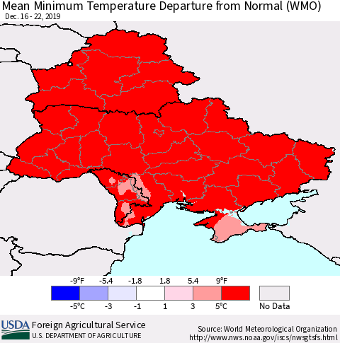 Ukraine, Moldova and Belarus Mean Minimum Temperature Departure from Normal (WMO) Thematic Map For 12/16/2019 - 12/22/2019