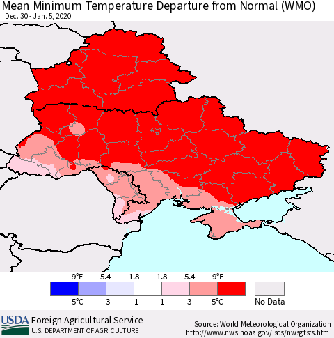 Ukraine, Moldova and Belarus Minimum Temperature Departure From Normal (WMO) Thematic Map For 12/30/2019 - 1/5/2020