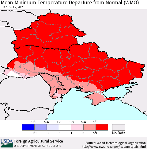 Ukraine, Moldova and Belarus Mean Minimum Temperature Departure from Normal (WMO) Thematic Map For 1/6/2020 - 1/12/2020