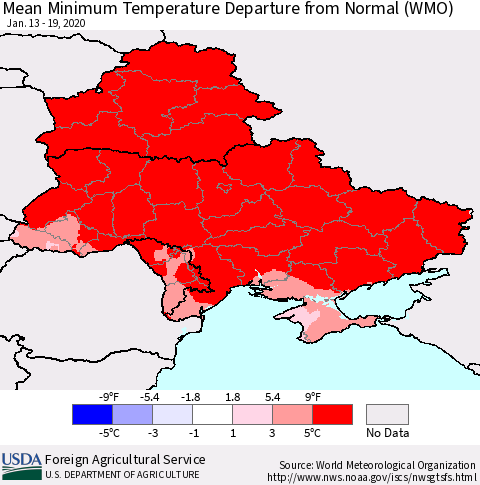 Ukraine, Moldova and Belarus Mean Minimum Temperature Departure from Normal (WMO) Thematic Map For 1/13/2020 - 1/19/2020