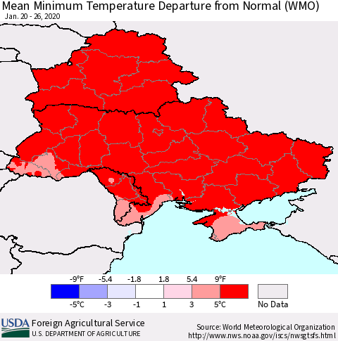 Ukraine, Moldova and Belarus Minimum Temperature Departure From Normal (WMO) Thematic Map For 1/20/2020 - 1/26/2020